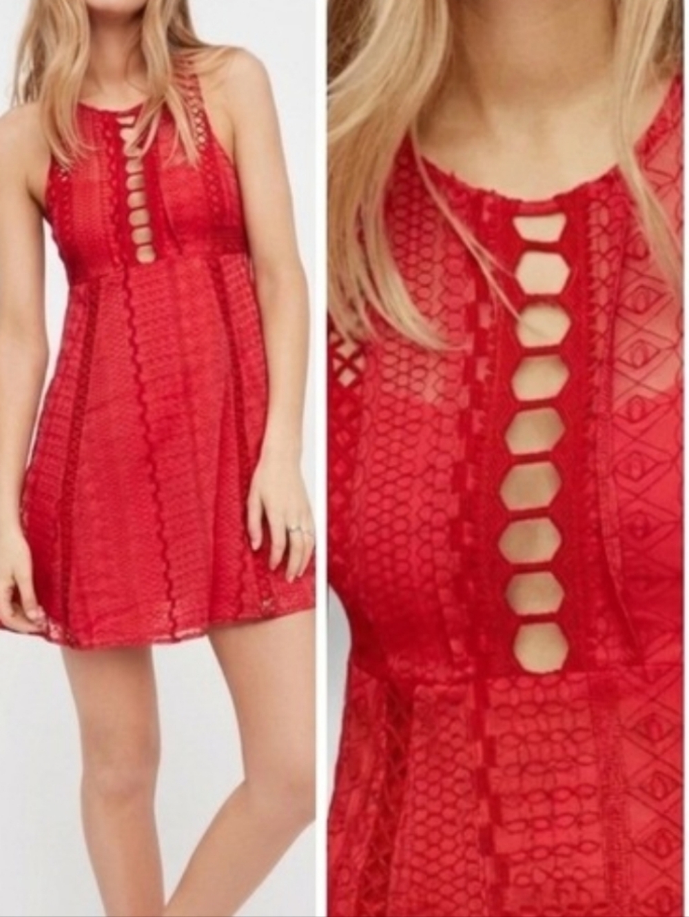 Free People Red Crochet Lace Mini Dress with Cutout Front Size 6